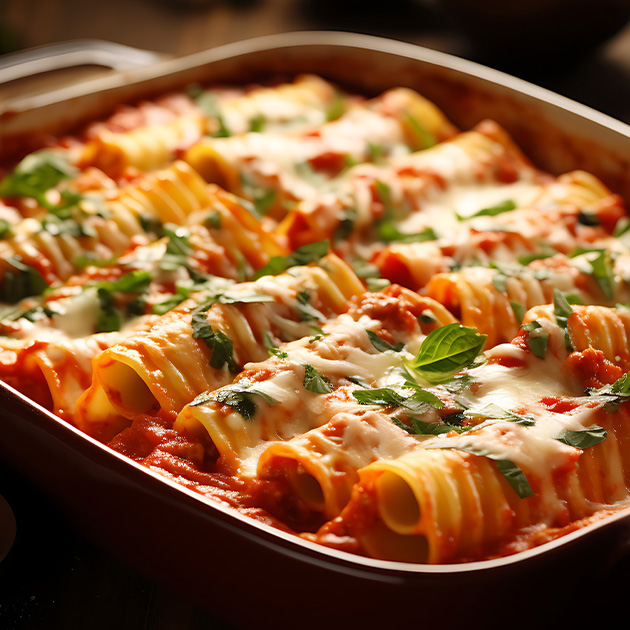 Rigatoni com molho ao sugo e queijo mussarela Szura